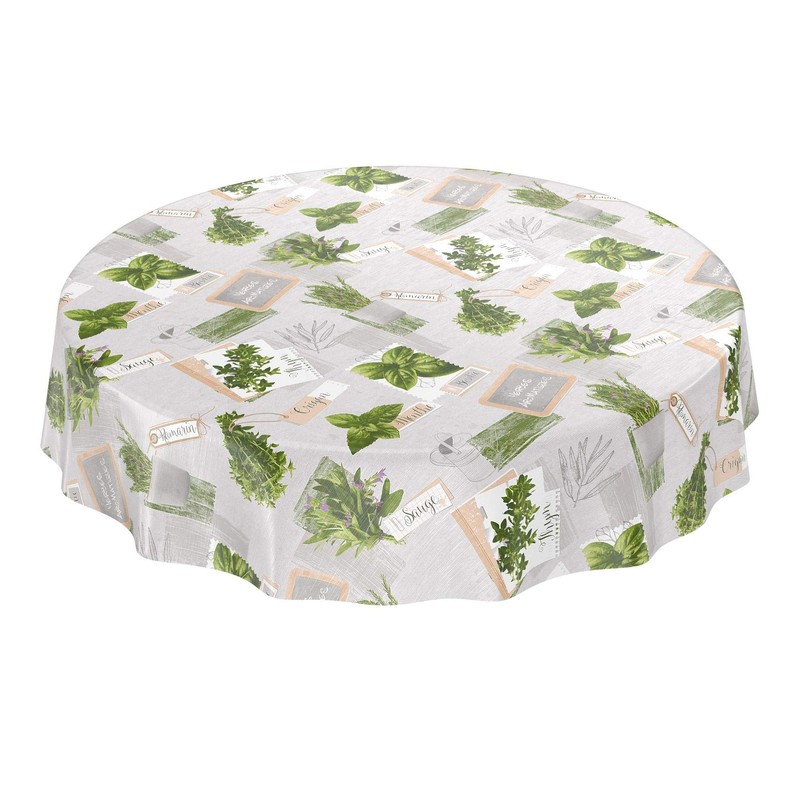 Anro Oilcloth Tablecloth, Wax tablecloths Washable, Herbs Green Beige Organic