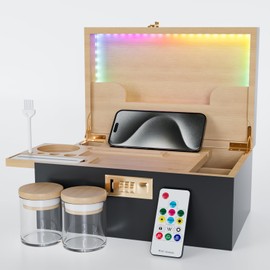 Usoway Bamboo Storage Box With Colored LED Lights - 164 Kinds Cool Light Effects, Premium Decorative Wooden Box With Combination Lock, Storage Box Set With Sliding Tray and Accessories (Black)