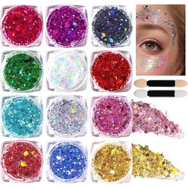 Festival Glitter Face for Festive Fancy Dress + 2 Patches Gold Face Glitter Makeup Speckles, 12 Colour Body Glitter for Nail Art and Body, Hair, Feminine Make-Up Sequins and Accessories