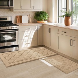 JSEI Non-Slip Kitchen Rugs, Self Adhesive No Sliding Kitchen Mats Set of 2, Soft Washable Absorbent Floor Mats for Area Rug, Kitchen, Entrance, Bathroom, Laundry Room, Bedroom, 20”x30”+20”x48”, Beige