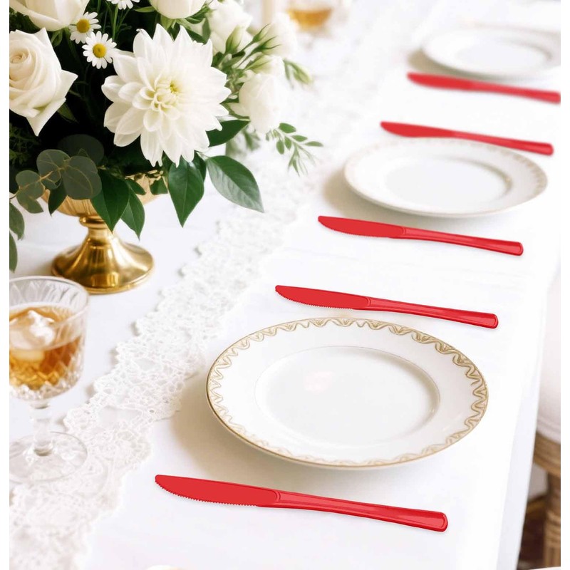 50 PCS Red Plastic Knives Disposable Utensils Heavy Duty Red