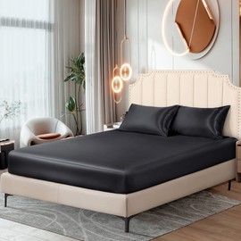 Ersmak Satin Fitted Sheet Only, Luxury Silky Full Fitted Sheet Ultra Soft Deep Pocket Bottom Sheet, Wrinkle & Fade Resistant - Black