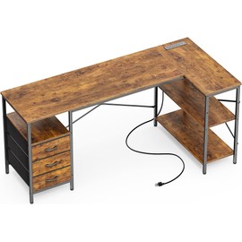 Huuger L Shaped Desk with Power Outlets, 63 Inch Reversible Computer Desk with 3 Drawers and Shelves, Home Office Table for Corner Work Study Writing Gaming, Rustic Brown