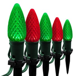 Wintergreen Lighting 50’ OptiCore LED Red and Green Pathway Christmas Lights, C9 Outdoor Landscape Lights, 4.5” Stakes, Green Wire Plug String Lights