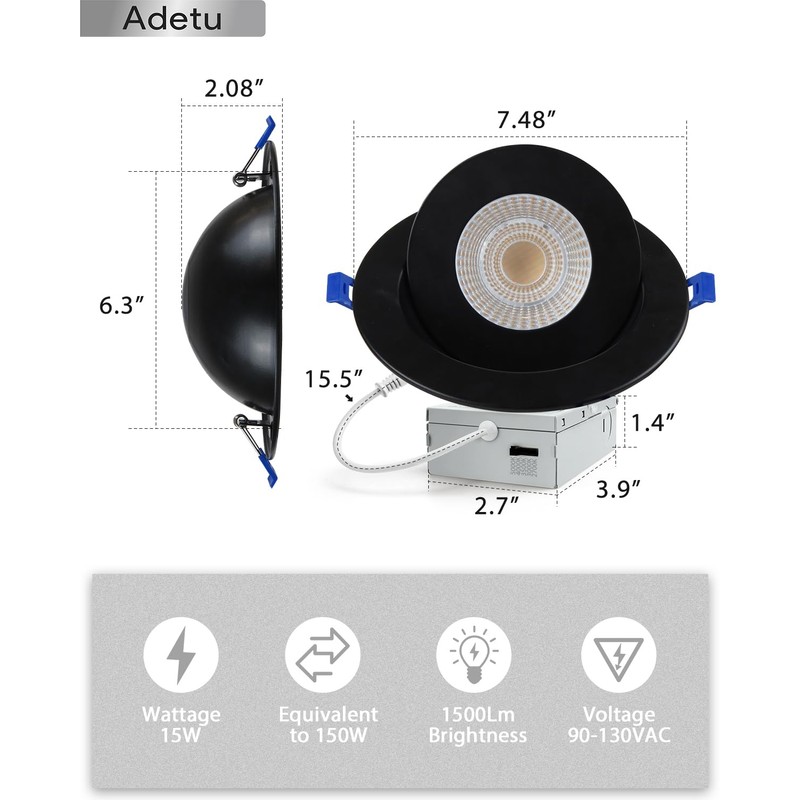 Adetu - 6 Inch 5CCT Black LED Gimbal, 360°+90°Adjustable Directional
