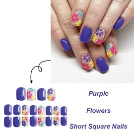 Purple Press on Nails Flower Fake Nails Short Square False Nails with Design Nude Glue on Nails Glossy Acrylic Full Cover Spring Stick on Nails for Women Girls Manicure 24Pcs