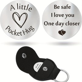 YFelomatric Pocket Hug Stainless Steel Lucky Coin, Token Long Distance Relationship Keepsake, Inspirational Gift with PU Leather Keyring for Family, Friends, Daughter, Son, silver, M