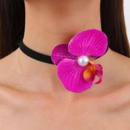 IRCOMULTI Bohemia Large Flower Velvet Necklace Flower Lace Up Choker Necklace Hot Pink Floral Necklace Long Flower Wrap Necklace Phalaenopsis Necklace Jewelry for Women
