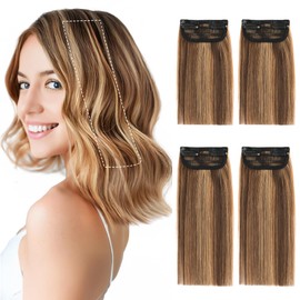 SEGO 4 Pcs Clip in Short Hair Extensions Real Human Hair Natural Thick Hairpieces Toppers for Women With Thinning Hair Add Volume -#4P27 Medium Brown&Dark Blonde