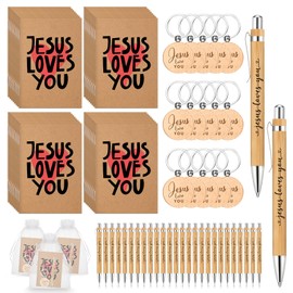 Tenceur 10 Sets Christian Gift Bulk Include Jesus Loves You Sign Inspirational Prayer Notepad Bible Bamboo Pen Religious Keychain with Organza Bags Church Party Favors for Sunday School