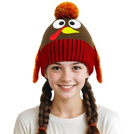 QLINLEAF Thanksgiving Turkey Beanie Hat, Turkey Trot Hat for Thanksgiving Fall Festival Party Brown