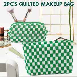 2PCS Travel Cosmetic Bag, Checkerboard Knitted Make Up Bags, Large Capacity Quilted Toiletries Bag for Women (Green and White)