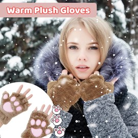 EQLEF Women's Fingerless Gloves, Cat Paw Gloves, Cute Half Gloves, Warm Winter Gloves, Claw Gloves, Cosplay for Women, Lady and Teenage Girls, brown