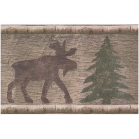 Wall Border - Brown Moose Green Chrismas Tree Distressed Wallpaper Border Retro Design, Prepasted Roll 15 ft. x 7 in.