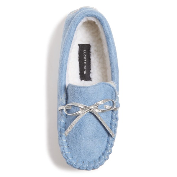 Lucky Brand Girls Plush Glitter Bow Moccasin Slippers, Rubber Sole Indoor Outdoor House Shoes, Kids Bedroom Slipper Moccasins, Denim, Size 11-12