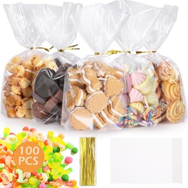 GeeRic 100PCS Candy Bags+120 Twist Ties Classic Transparent Cellophane with Polka Dots Stripes Pattern DIY Bread Toast Donuts Desserts Candy Bags for Party Celebration Store Thanksgiving Day