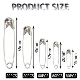 BEANPRECOY 250 Pieces Generic Safety Pins: Small & Large Pins, Durable Rust Resistant, 5 Sizes 19mm-54mm (Silver)