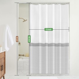 Tassel Fabric Shower Curtain, 96 Inch Extra Long Gray Striped Bathroom Shower Curtain with Tassels White Nordic Chic Polyester Bath Curtain Sets (72 x 96, White)