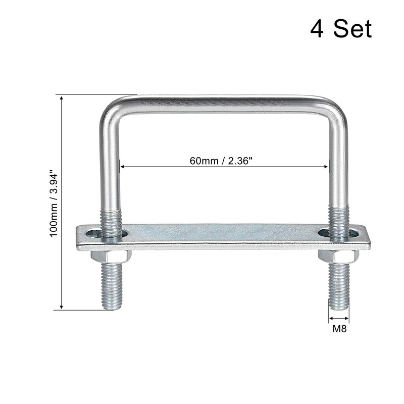 sourcing map Pack of 4 M8 square U-bolts, square U-bolts,