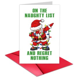 Huokiriki Humorous Cartoon Christmas Note Card,Only Santa Can Judge Me,On the Naughty List and Regret Nothing,Thick card stock,Envelope Included.