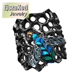 EjszaKod Black Honeycomb Cute Bee Band Rings | Mens Womens Wide Black Stainless Steel Yellow Cubic Zirconia CZ Thumb Unisex Ring for Him and Her (8)
