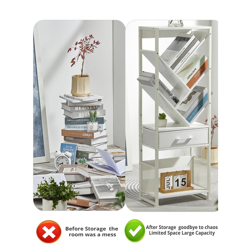 ZEXVIDA Bookshelf with Drawer,8 Tier Tree Bookcase Retro Floor Standing