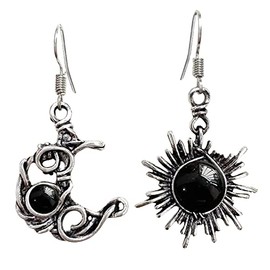 Boho Opal Sun and Moon Drop Dangle Earrings Moonstone Natural Stone Hook Bohemian for Women Girls Asymmetrical Antiqued Silver Celestial Jewelry, Stone, No Gemstone