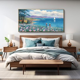 XLSJERST Large Landscape Wall Art - Blue Ocean Pink Flower Sailboat Mountain Tree Wall Decor Orange Frame Artwork for Wall Large Picture for Living Room Bedroom Home Office Wall Decoration Size 29x58