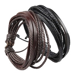 Zivom® Dual Braided Black Leather Charm Wrist Band Multi Strand Bracelet