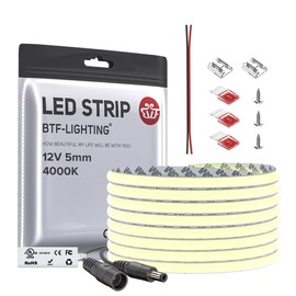 BTF-LIGHTING FCOB COB 5mm Width UL Listed Super Narrow Flexible Uniform Light LED Strip 16.4FT DC12V 4000K CRI 90+ Dimmable LED Ribbon for Kitchen Home Indoor Decoration(No Adapter or Controller)