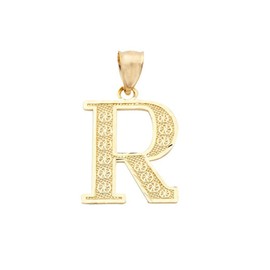 LoveBling 10K Yellow Gold Diamond Cut A to Z Alphabet Initial Letter Charm Necklace Pendant (Small) (R) (0.78")