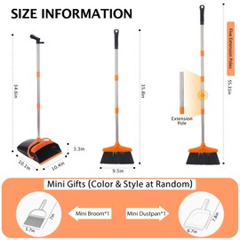 XXFLOWER Broom and Dustpan Set with Long Handle, Light Weight Stainless Steel Poles Stand Upright Dustpans with Broom Combo for Home Kitchen Office Pet Dog Hair, Black & Orange Color, 1-Pack