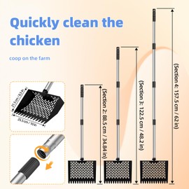 Chicken Poop Scooper & Rake 2-in-1, 4 in 1 Stainless Steel Handle Chicken Coop Pooper Shovel (23 to 62"), Suitable for Animal Sheds, Garbage Shovel with Adjustable Angle, Scooper Sand Sifting Shovel