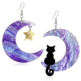 Creative Cute Big Acrylic Black Cat on the Purple Moon Dangle Drop Earrings Dainty Chic Lovely Animal Moon Star Hook Earrings for Women Statement Jewelry (Purple)
