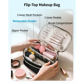 Makeup Bag with Brush Compartment Travel Cosmetic Organizer for Women Potable PU Leather Make up Bag Large Toiletry Bag Water-Resistant with Handles & Removable Dividers Black