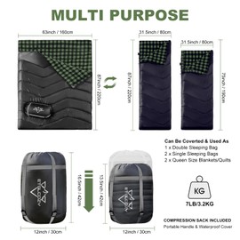 ETGLCOZY Double Sleeping Bag Flannel for Adults, XL Queen Size 2 Person Sleeping Bags for All Seasons Couples Family Camping Hiking Backpacking and Outdoors, Waterproof, Lightweight