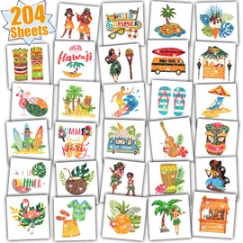 Leesgel Hawaiian Glitter Tattoos for Kids, 204 Sheets Temporary Tattoo Stickers for Hawaiian Party Decorations, Party Bag Fillers for Boys Girls Pool Tropical Beach Party Accessories Supplies
