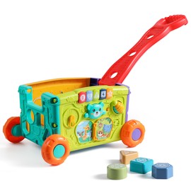 Didklom Interactive Learning Push Walker Toy for Toddlers, Musical Activity Wagon with Handle, Educational Rolling Cart with Blocks