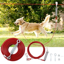 LUFFWELL 50FT Dog Runner for Yard with 15FT Tie Out Cable - Heavy Duty Trolley System for Large Dogs Up to 250LBS, Backyard/Park/Camping Use (Red, 50FT+15FT)