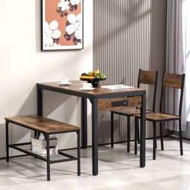 Finnhomy 43.3” Dining Table Set for 4 with LED Lights & USB-C Outlet, Modern Kitchen Table with Bench & 2 Chairs, Rectangular Metal Frame Dining Furniture for Small Spaces & Apartments, Rustic Brown