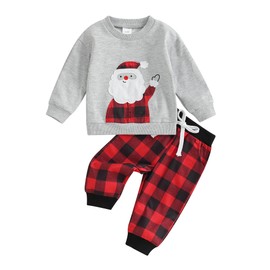 ZZLBUF Toddler Baby Boy Christmas Outfits Santa Long Sleeve Pullover Top Sweatshirt Pants Set Fall Winter Clothes (02- Santa Plaid Gray, 12-18 Months)