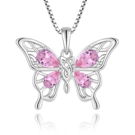 Vemhel Butterfly Necklace 925 Sterling Silver Celtic Knot Pendant Teardrop Birthstone Twisted Jewelry for Women, Sterling Silver, created pink tourmaline
