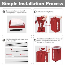 Goodpick Laundry Basket with Wheels,75L Large Roolling Laundry Basket with Removable Wash Bag, Clothes Hamper with Wheels for Laundry Room, Red