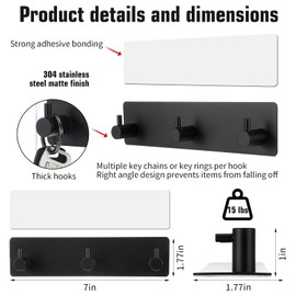 Teaaha Key Holder Wall Mount, Adhesive Organizer with 3 Stainless Steel Hooks, Decorative Key Hanger Holder Adhesive Wall Mount Organizer for Entryway, Kitchen, Bedroom, Bathroom (Black)