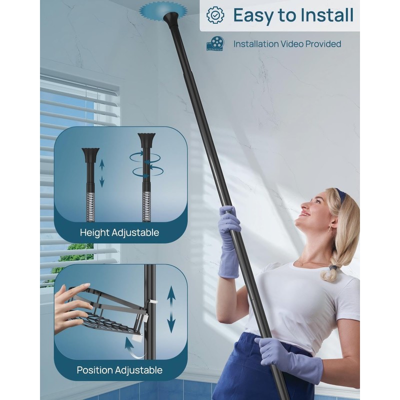 SEIRIONE Corner Shower Caddy Tension Pole, Rustproof Bathroom Shower Organizer