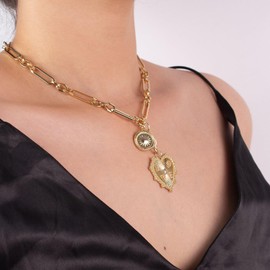 "Chunky Gold Charm Heart Pendant Necklace for Women - 18K Gold Plated Sun Heart Necklace with Thick Paperclip Chain"(Style-3)