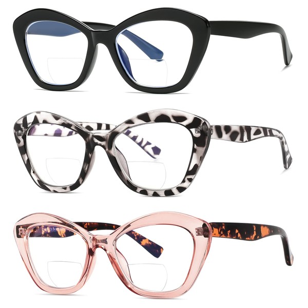 LKEYE anteojos de lectura bifocales para mujer,diseño de ojo de gato,marco de gran tamaño,bloqueo de luz azul,anteojos elegantes Oprah,paquete de 2,Bifocales (C1black + C3brown + C4grey Tortoise)