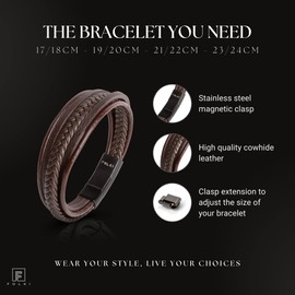 FOLKI Men's Leather Bracelet in Black and Brown - Stainless Steel Magnetic Clasp - Leather Wristband for Men - Jewellery for Men with Premium Box - Best Gift Ideas for Men