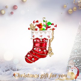 EVER FAITH Austrian Crystal Lovely Red Santa Stocking Candy Cane Brooch Gold-Tone