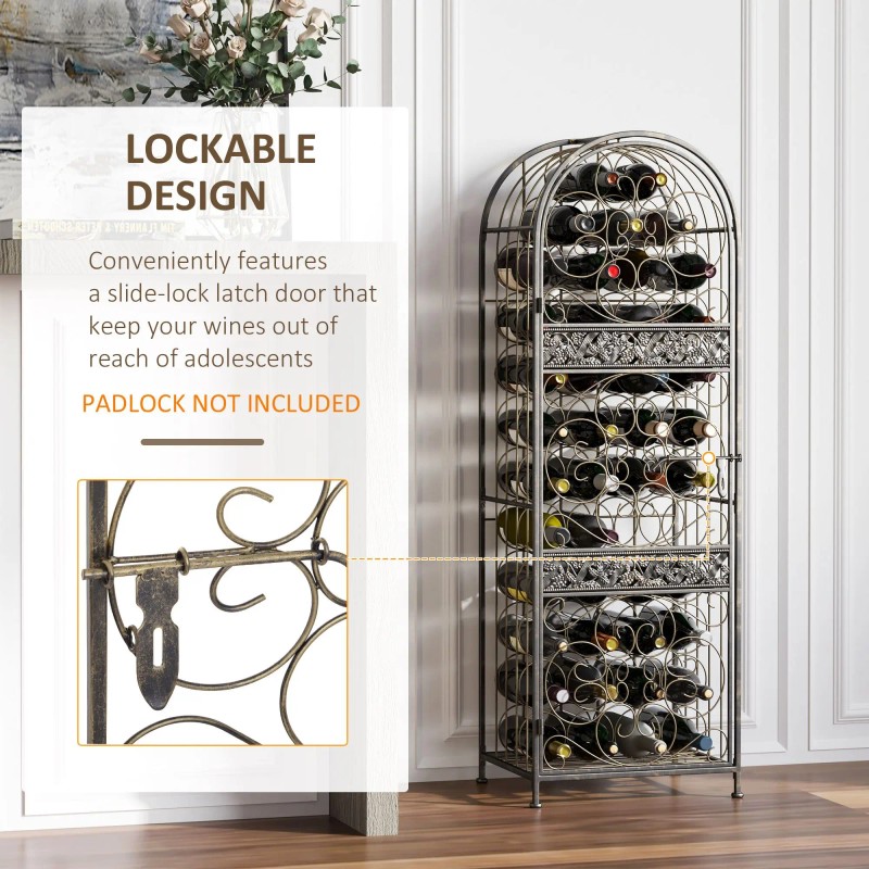 Antique Bronze 45-Bottle Wrought Iron Wine Rack with Lock Elegant